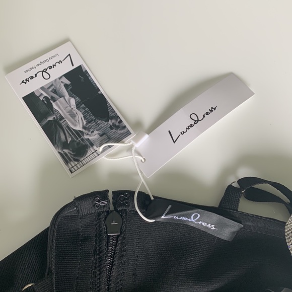 Luxedress (Luxedress.com) black minidress with rhinestone trim, size small. - Picture 7 of 10